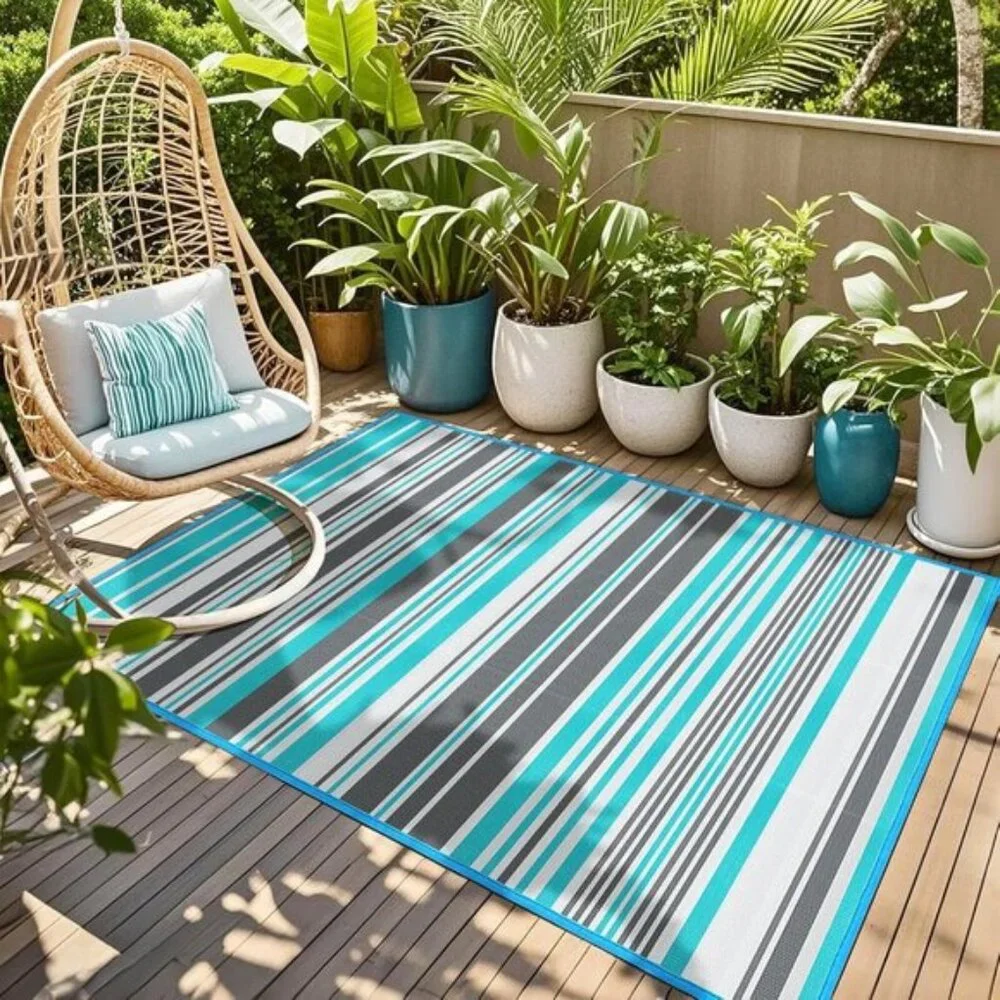 New 4x6 Outdoor Patio Rug, Waterproof Blue & Grey Plastic Carpet for Porch, Deck